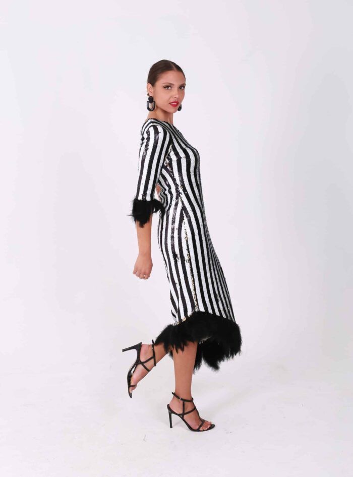 Black & White Sequin Dress with Feathers - Image 3