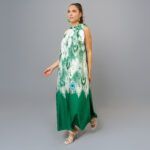 PEACOCK Green Long Dress with Neck Tie