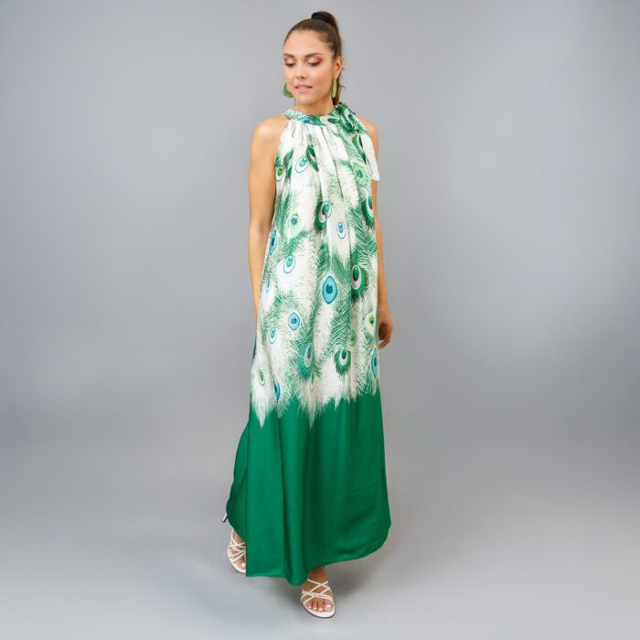 PEACOCK Green Long Dress with Neck Tie - Image 3