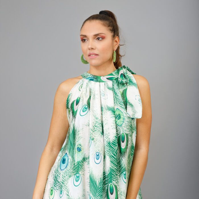 PEACOCK Green Long Dress with Neck Tie - Image 2