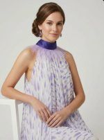 Amethyst Midi Silk Dress with Feathers