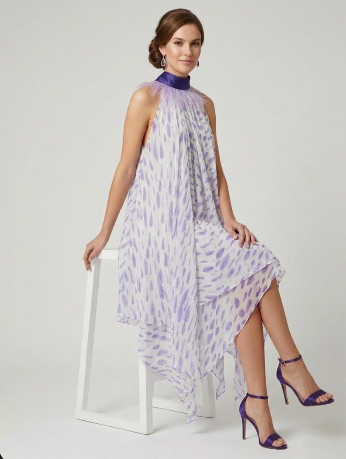 Amethyst Midi Silk Dress with Feathers - Image 3