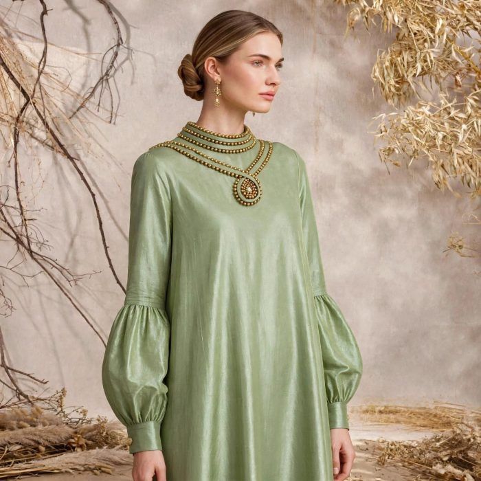 OLIVINE Jewel-Neckline Dress with Sleeves - Image 2