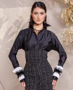 Black Shirt with Pleated Fringe Cuffs