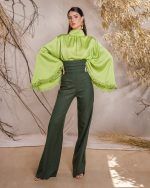 OLIVINE Bell-Sleeve Satin Blouse
