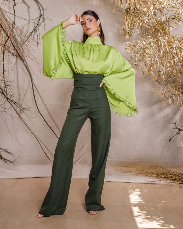 OLIVINE Bell-Sleeve Satin Blouse - Image 3
