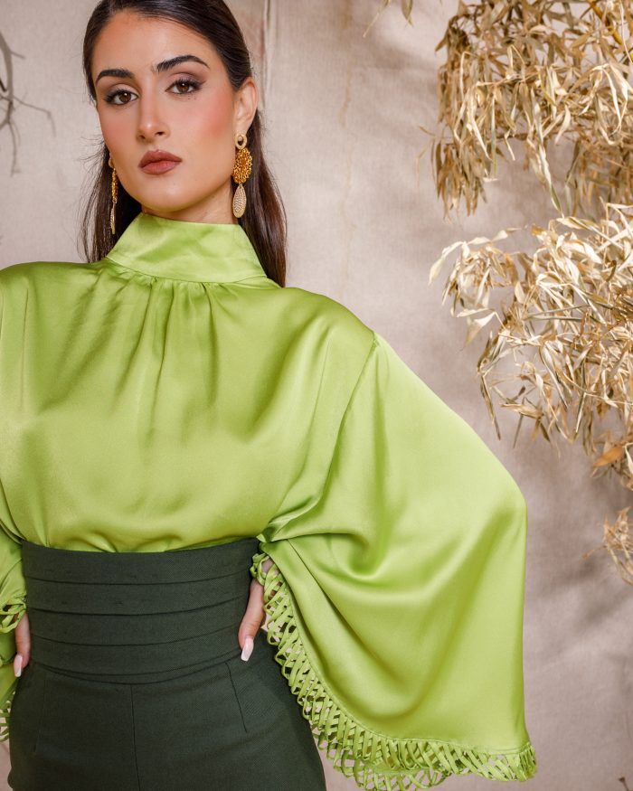 OLIVINE Bell-Sleeve Satin Blouse - Image 2