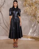 Puff Sleeve Faux Leather Midi Dress