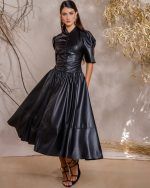 Puff Sleeve Faux Leather Midi Dress - Image 4