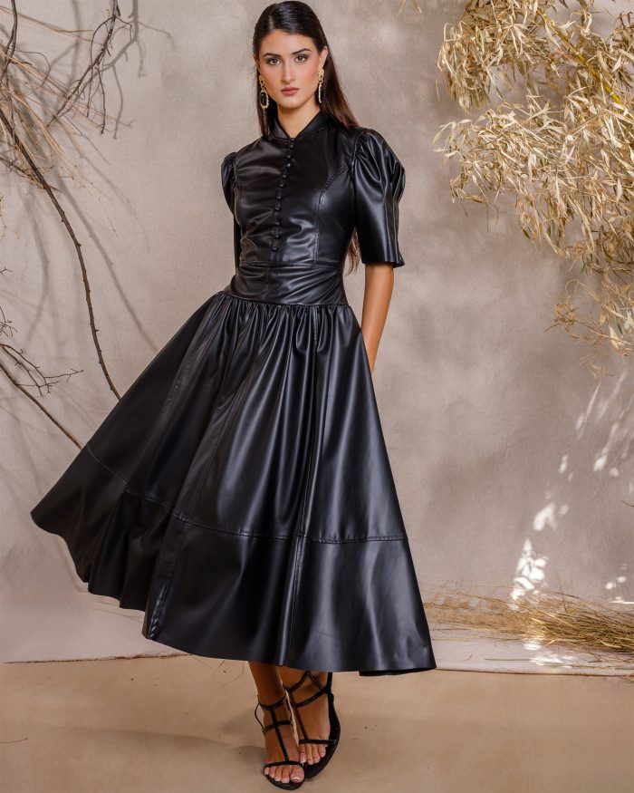 Puff Sleeve Faux Leather Midi Dress - Image 4