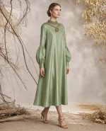 OLIVINE Jewel-Neckline Dress with Sleeves