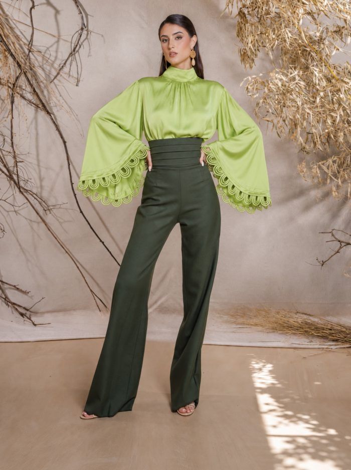 OLIVINE Bell-Sleeve Satin Blouse - Image 2