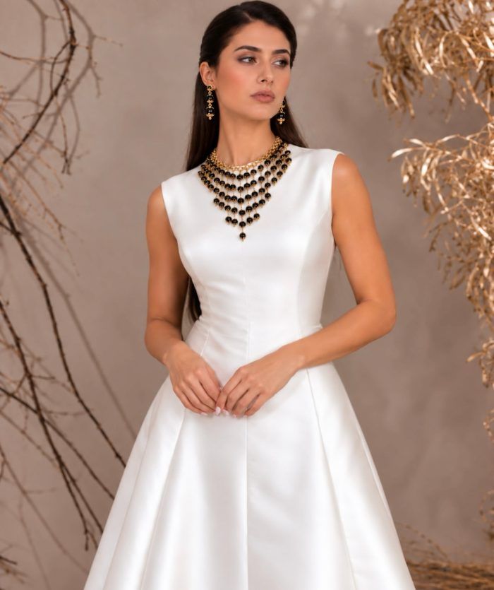Off-White Midi Dress with Black Onyx Necklace - Image 3