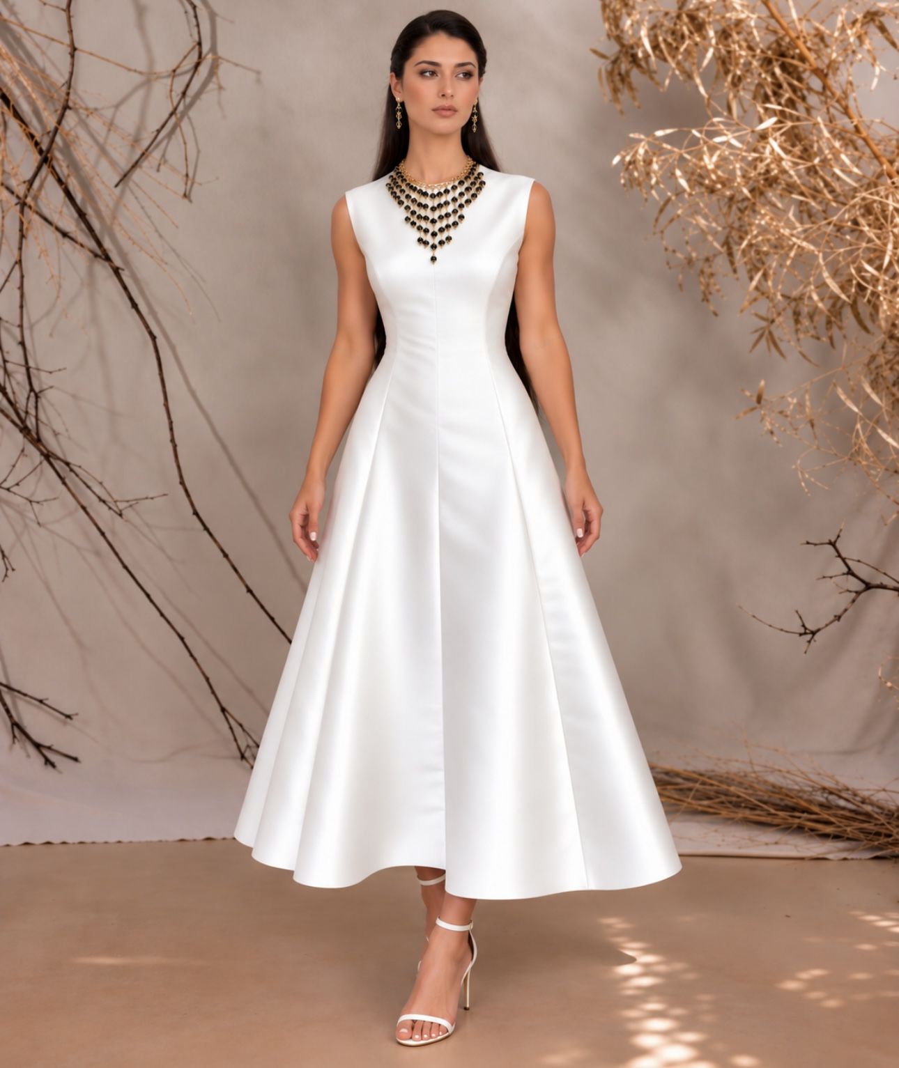 Screenshot Off-White Midi Dress with Black Onyx Necklace - Image 1